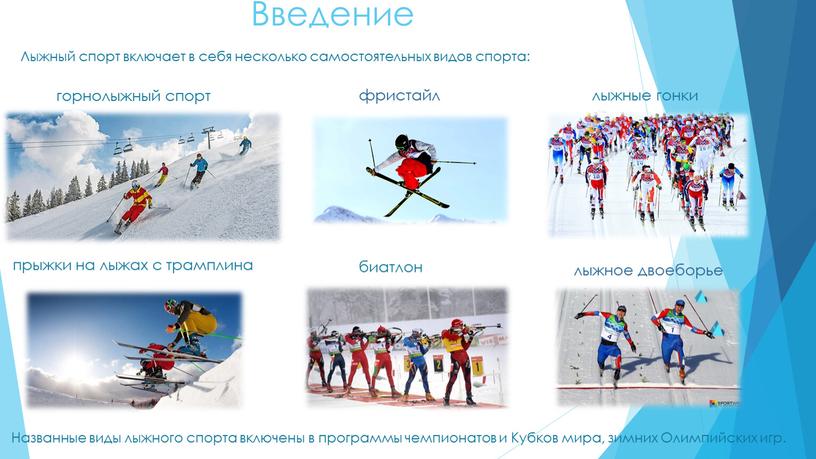 Введение Лыжный спорт включает в себя несколько самостоятельных видов спорта: