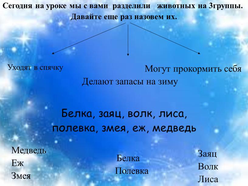 Сегодня на уроке мы с вами разделили животных на 3группы