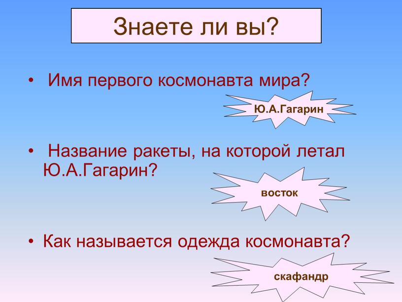 Знаете ли вы? Имя первого космонавта мира?