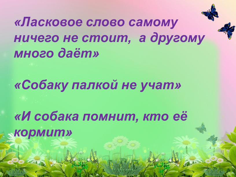 Ласковое слово самому ничего не стоит, а другому много даёт» «Собаку палкой не учат» «И собака помнит, кто её кормит»