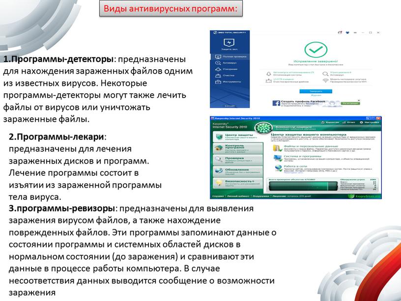Виды антивирусных программ: 1.Программы-детекторы : предназначены для нахождения зараженных файлов одним из известных вирусов