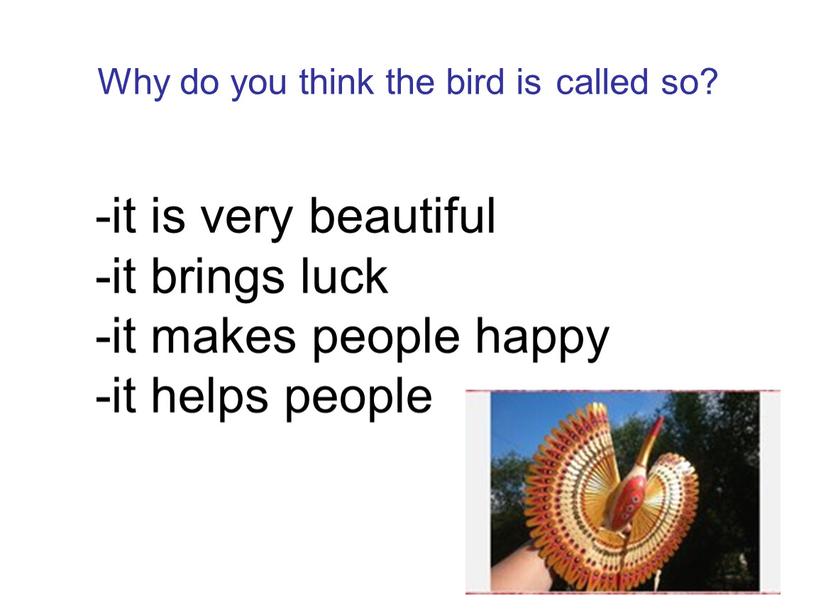 Why do you think the bird is called so? -it is very beautiful -it brings luck -it makes people happy -it helps people