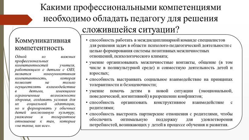 Какими профессиональными компетенциями необходимо обладать педагогу для решения сложившейся ситуации?