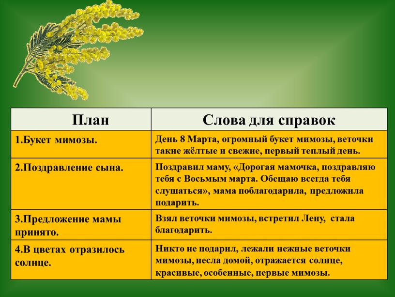 План Слова для справок 1.Букет мимозы