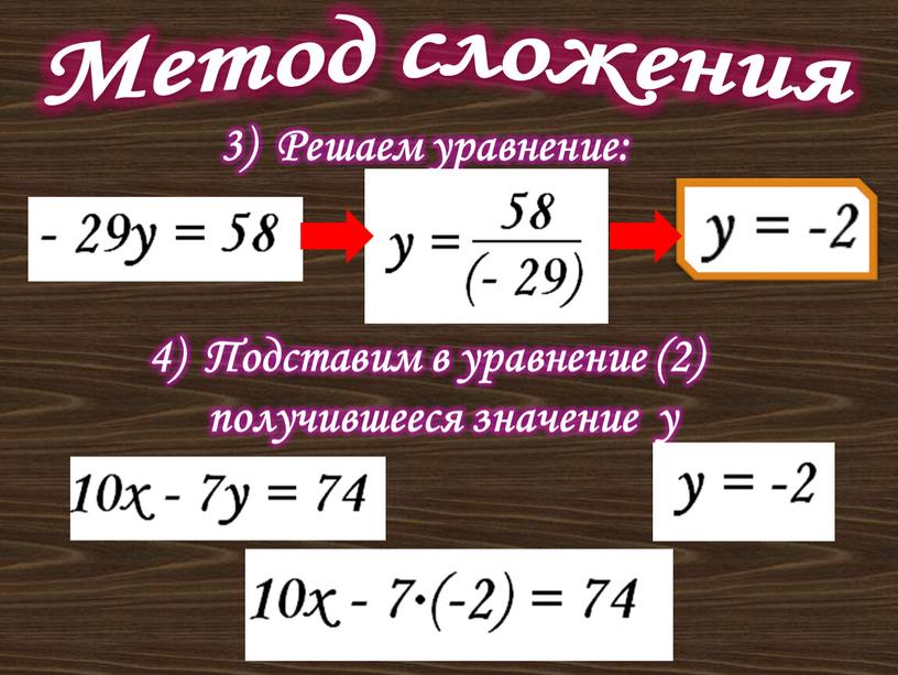 Метод сложения 4) Подставим в уравнение (2) получившееся значение y 3)