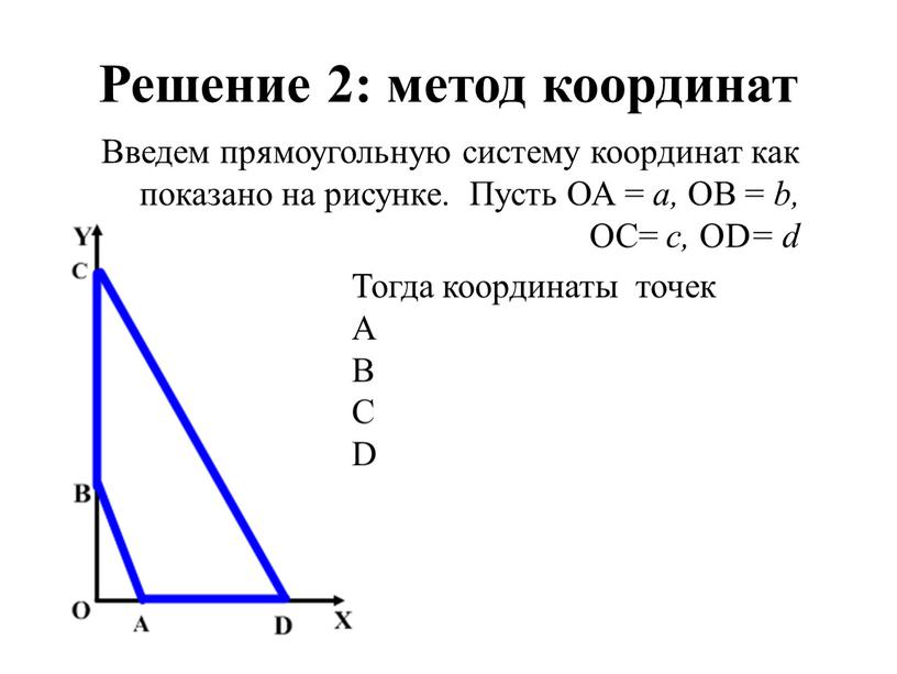 Решение 2: метод координат Введем прямоугольную систему координат как показано на рисунке