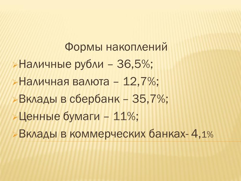 Формы накоплений Наличные рубли – 36,5%;