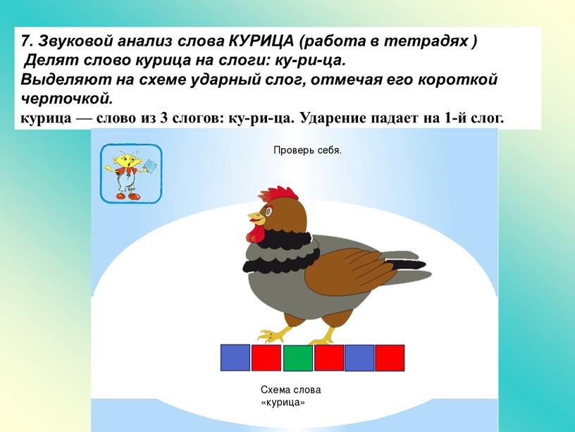 Звуковой анализ слова КУРИЦА (работа в тетрадях )