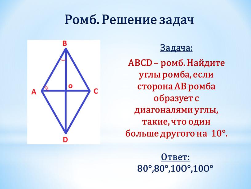 Ромб. Решение задач Задача: ABCD – ромб