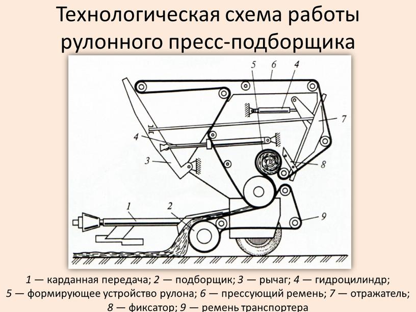 Технологическая схема работы рулонного пресс-подборщика 1 — карданная передача; 2 — подборщик; 3 — рычаг; 4 — гидроцилиндр; 5 — формирующее устройство рулона; 6 —…