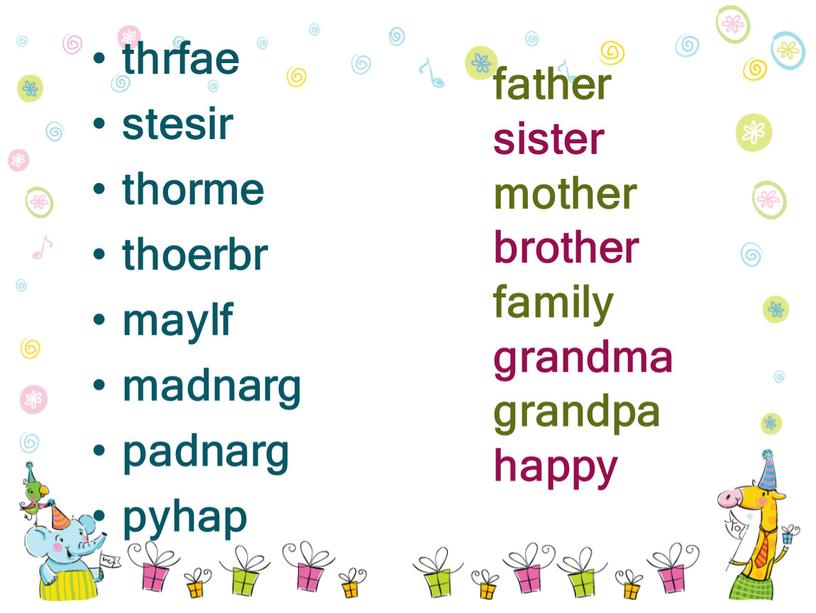 thrfae stesir thorme thoerbr maylf madnarg padnarg pyhap father sister mother brother family grandma grandpa happy