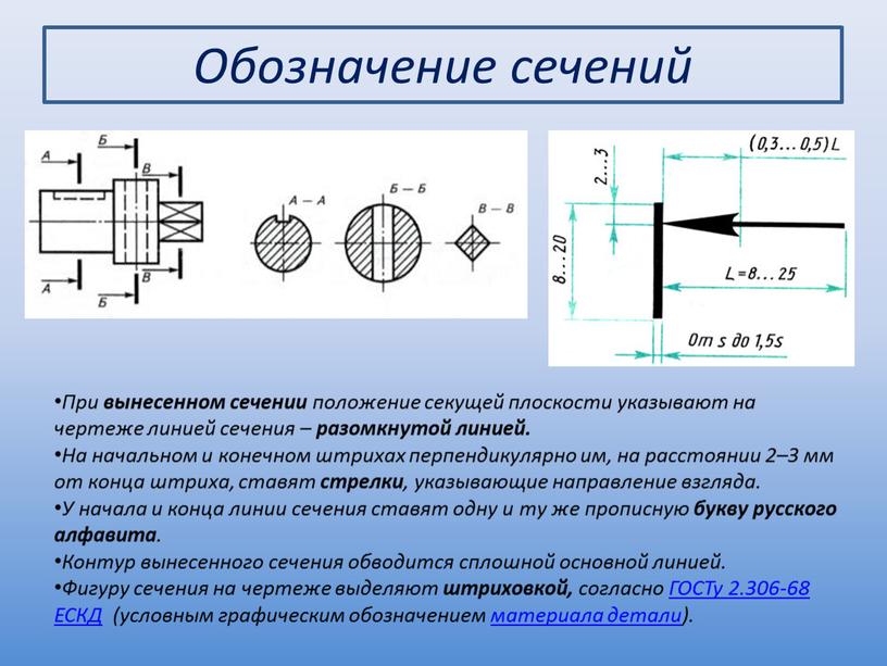 Обозначение сечений При вынесенном сечении положение секущей плоскости указывают на чертеже линией сечения – разомкнутой линией