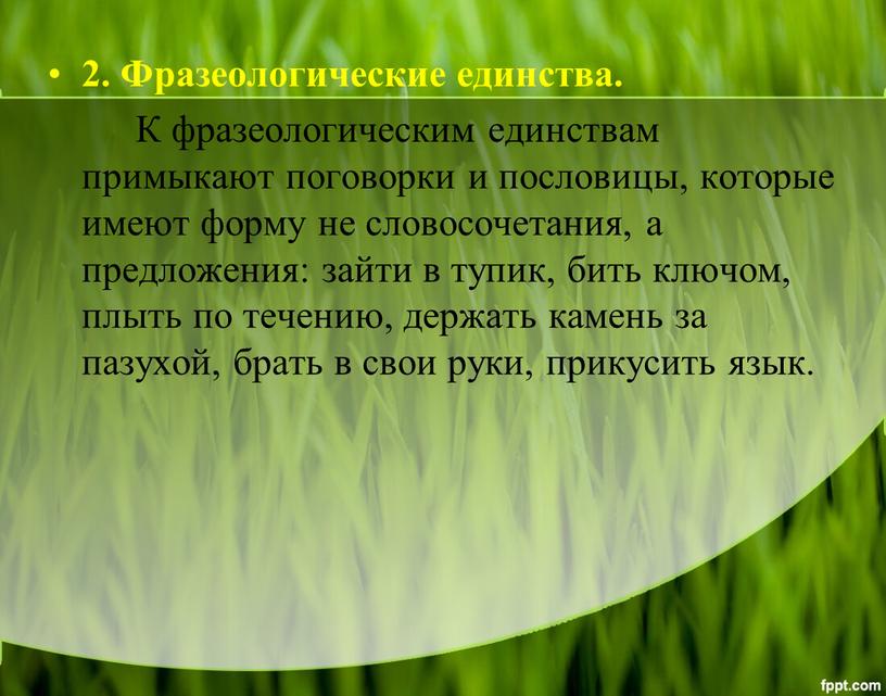 Фразеологические единства. К фразеологическим единствам примыкают поговорки и пословицы, которые имеют форму не словосочетания, а предложения: зайти в тупик, бить ключом, плыть по течению, держать…