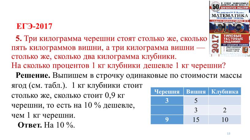 ЕГЭ-2017 13 5. Три килограмма черешни стоят столько же, сколько пять килограммов вишни, а три килограмма вишни — столько же, сколько два килограмма клубники