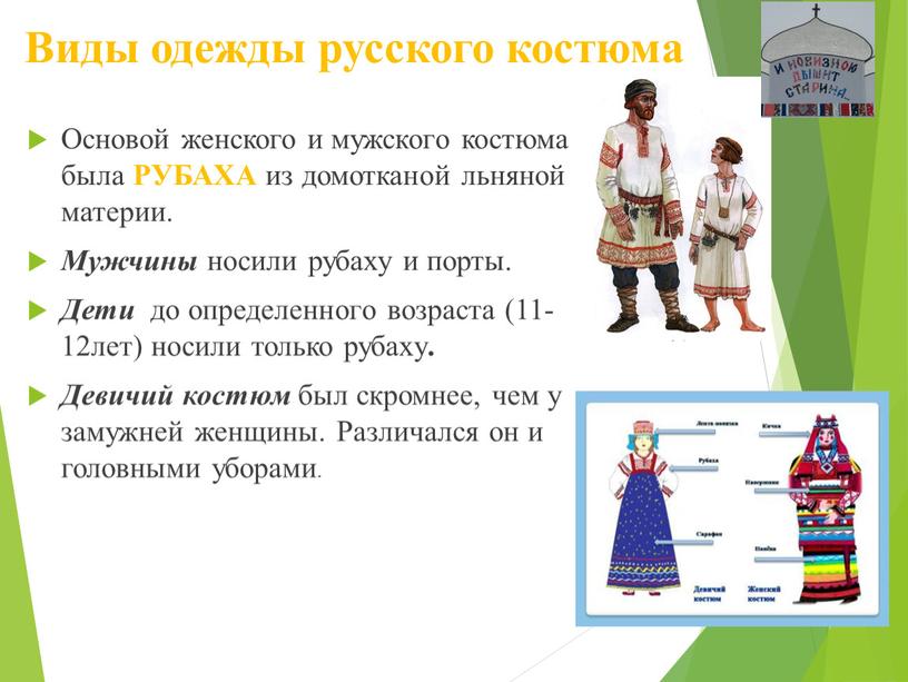 Виды одежды русского костюма Основой женского и мужского костюма была