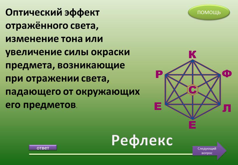 Рефлекс Оптический эффект отражённого света, изменение тона или увеличение силы окраски предмета, возникающие при отражении света, падающего от окружающих его предметов