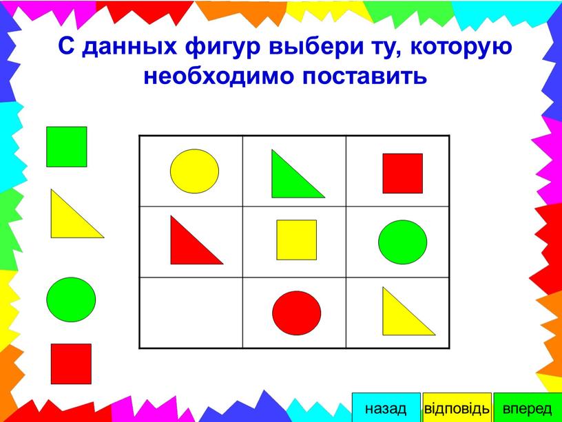 С данных фигур выбери ту, которую необходимо поставить вперед відповідь назад