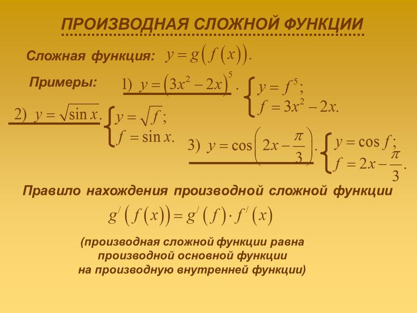 Сложная функция: Примеры: Правило нахождения производной сложной функции (производная сложной функции равна производной основной функции на производную внутренней функции)