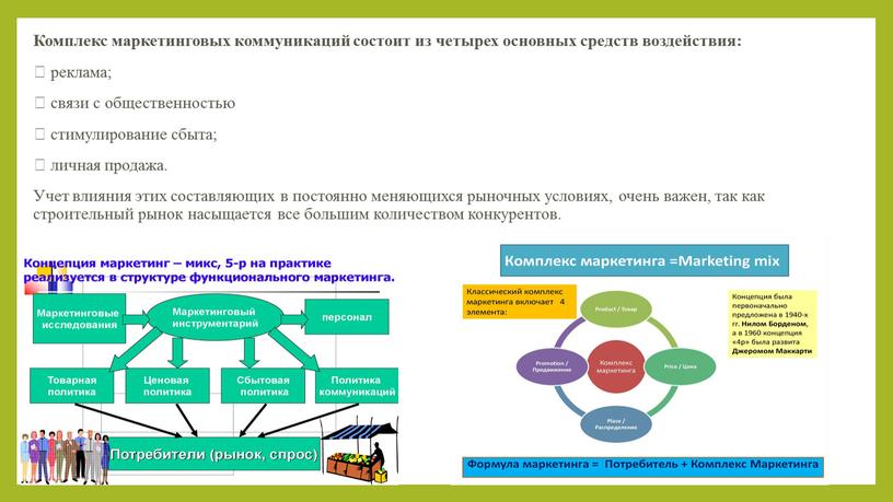 Комплекс маркетинговых коммуникаций состоит из четырех основных средств воздействия:  реклама;  связи с общественностью  стимулирование сбыта;  личная продажа