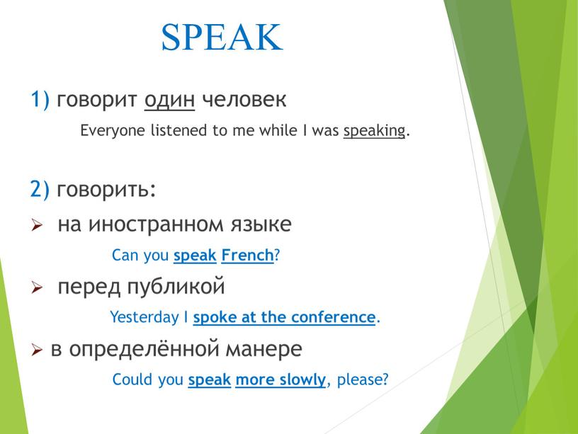 SPEAK 1) говорит один человек Everyone listened to me while