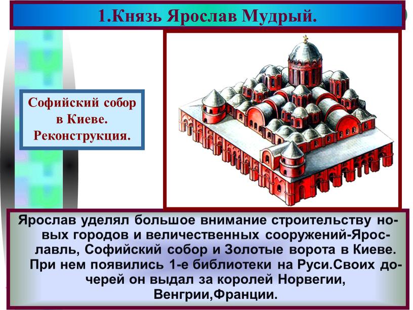 Ярослав уделял большое внимание строительству но-вых городов и величественных сооружений-Ярос-лавль,