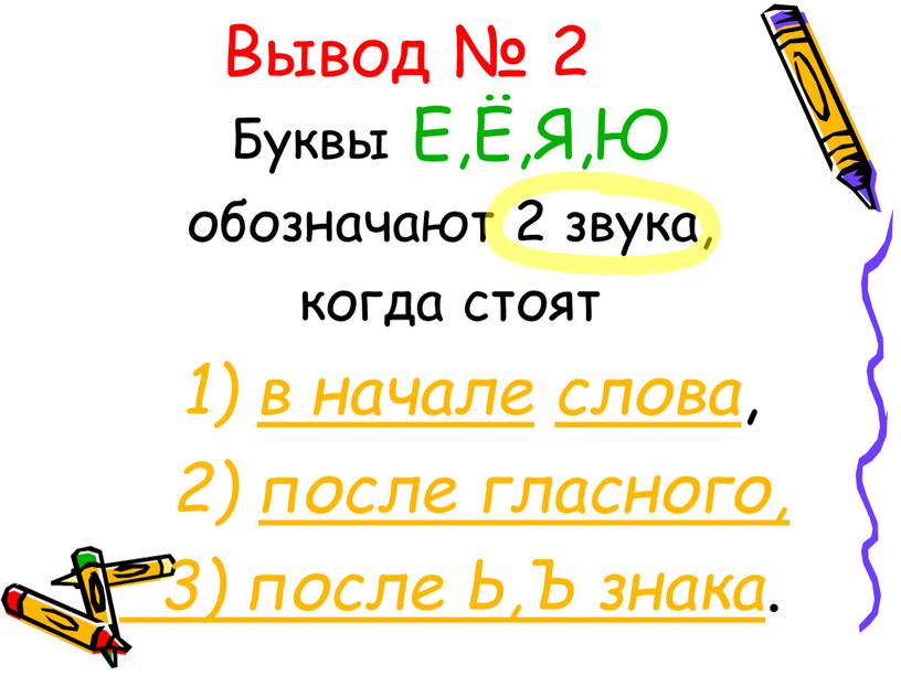 Вывод № 2 Буквы Е,Ё,Я,Ю обозначают 2 звука, когда стоят 1) в начале слова , 2) после гласного, 3) после