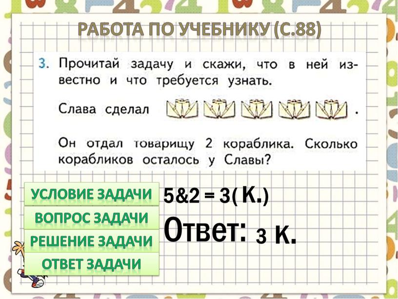 Работа по учебнику (с.88) Условие задачи вопрос задачи решение задачи ответ задачи 5&2 = 3 ( к