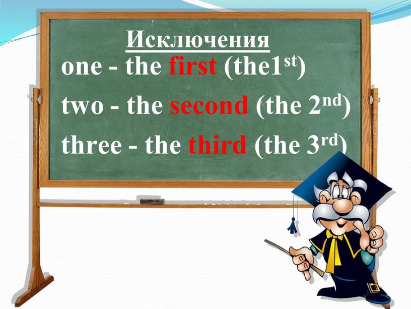 Исключения one - the first (the1st) two - the second (the 2nd) three - the third (the 3rd)