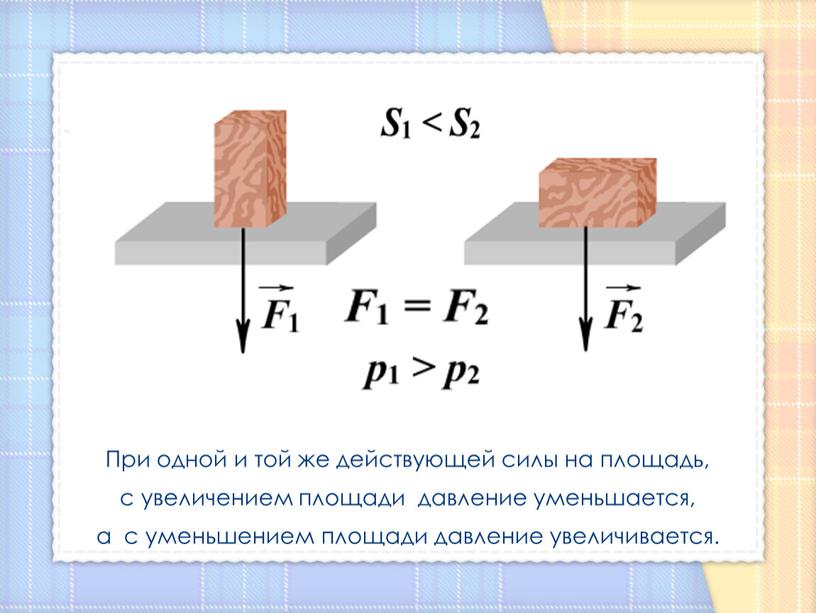 При одной и той же действующей силы на площадь, с увеличением площади давление уменьшается, а с уменьшением площади давление увеличивается