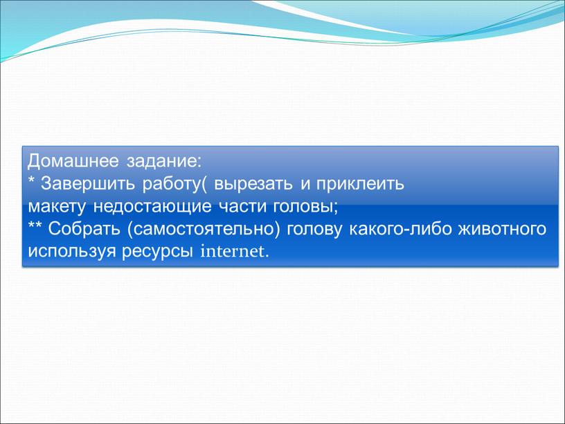 Домашнее задание: * Завершить работу( вырезать и приклеить макету недостающие части головы; **