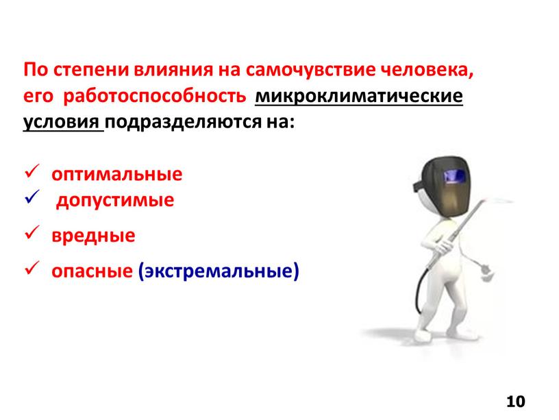 По степени влияния на самочувствие человека, его работоспособность микроклиматические условия подразделяются на: оптимальные допустимые вредные опасные (экстремальные)