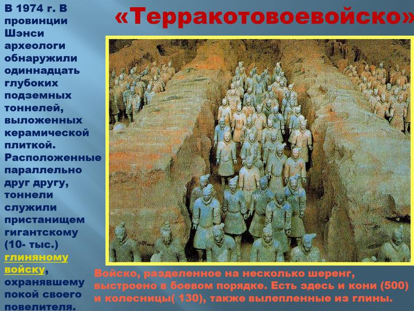 В 1974 г. В провинции Шэнси археологи обнаружили одиннадцать глубоких подземных тоннелей, выложенных керамической плиткой