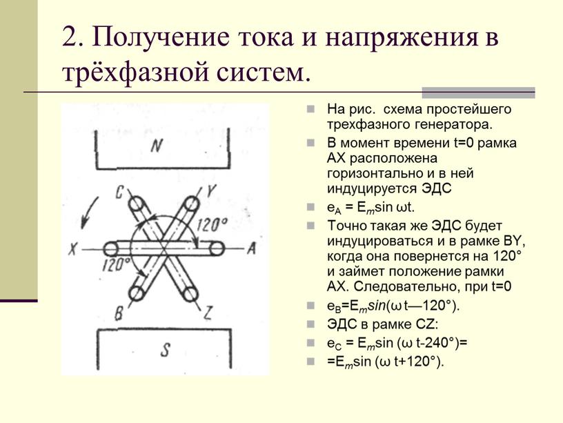 Получение тока и напряжения в трёхфазной систем