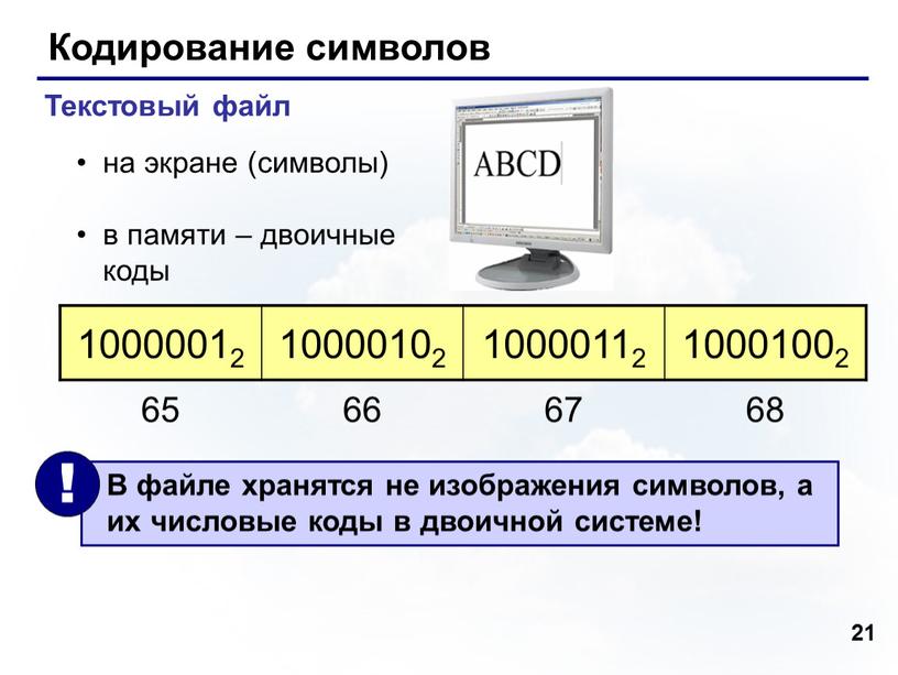 Кодирование символов Текстовый файл на экране (символы) в памяти – двоичные коды 10000012 10000102 10000112 10001002 65 66 67 68