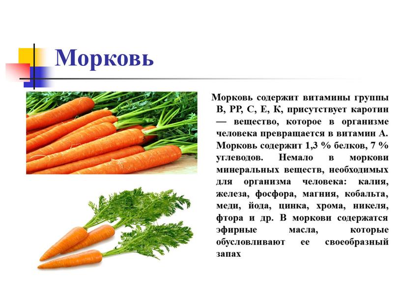 Морковь Морковь содержит витамины группы