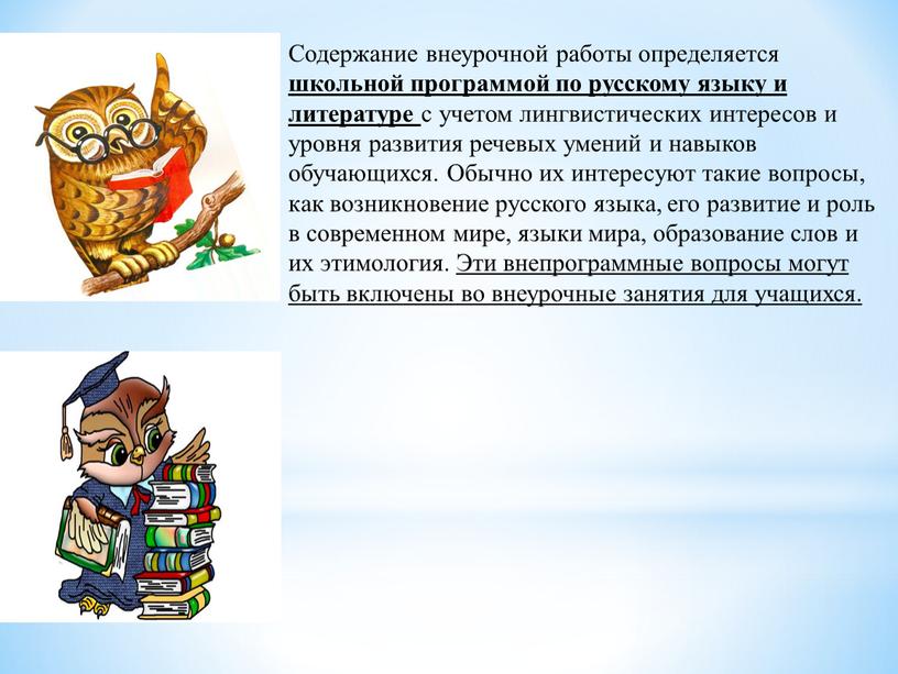 Содержание внеурочной работы определяется школьной программой по русскому языку и литературе с учетом лингвистических интересов и уровня развития речевых умений и навыков обучающихся