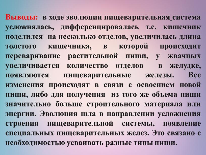 Выводы: в ходе эволюции пищеварительная система усложнялась, дифференцировалась т