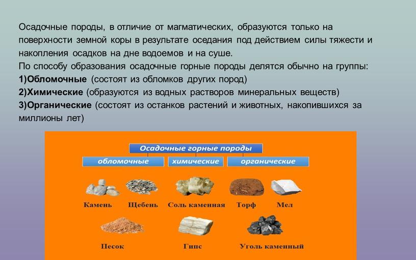 Осадочные породы, в отличие от магматических, образуются только на поверхности земной коры в результате оседания под действием силы тяжести и накопления осадков на дне водоемов…