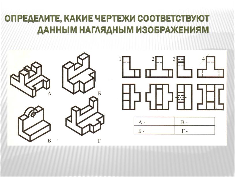 Определите, какие чертежи соответствуют данным наглядным изображениям