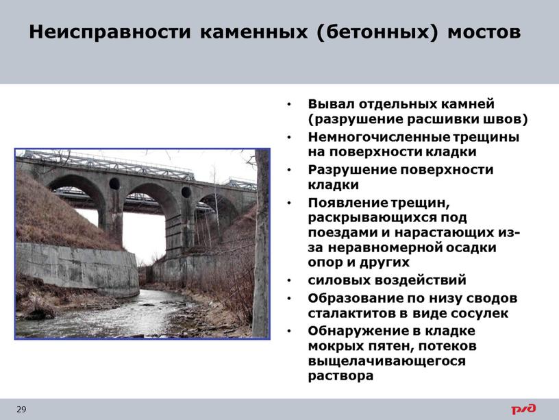 Неисправности каменных (бетонных) мостов