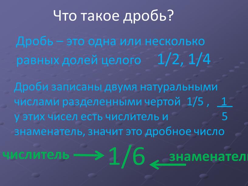 Что такое дробь? Дробь – это одна или несколько равных долей целого 1/2, 1/4