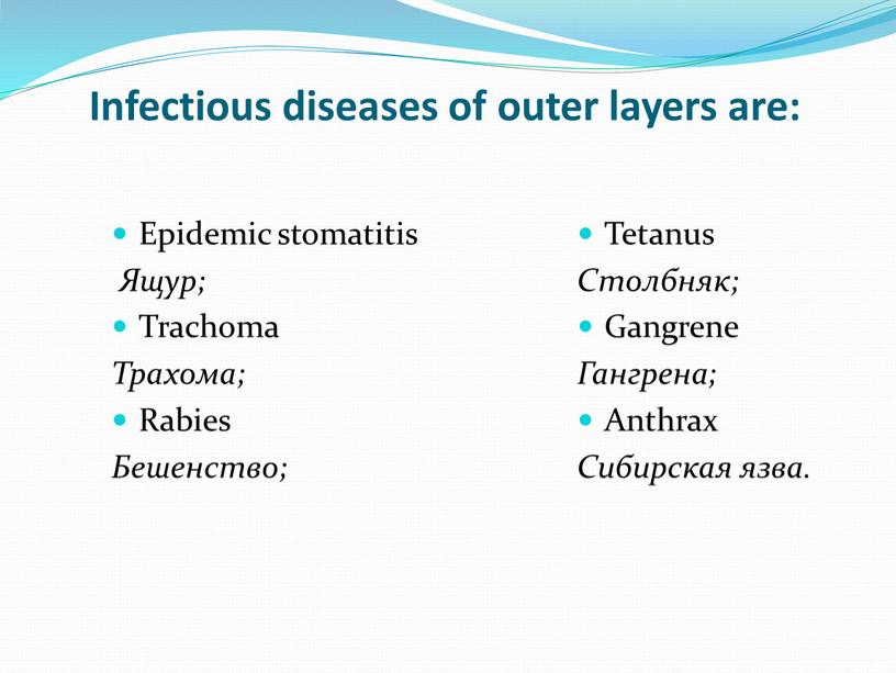 Infectious diseases of outer layers are: