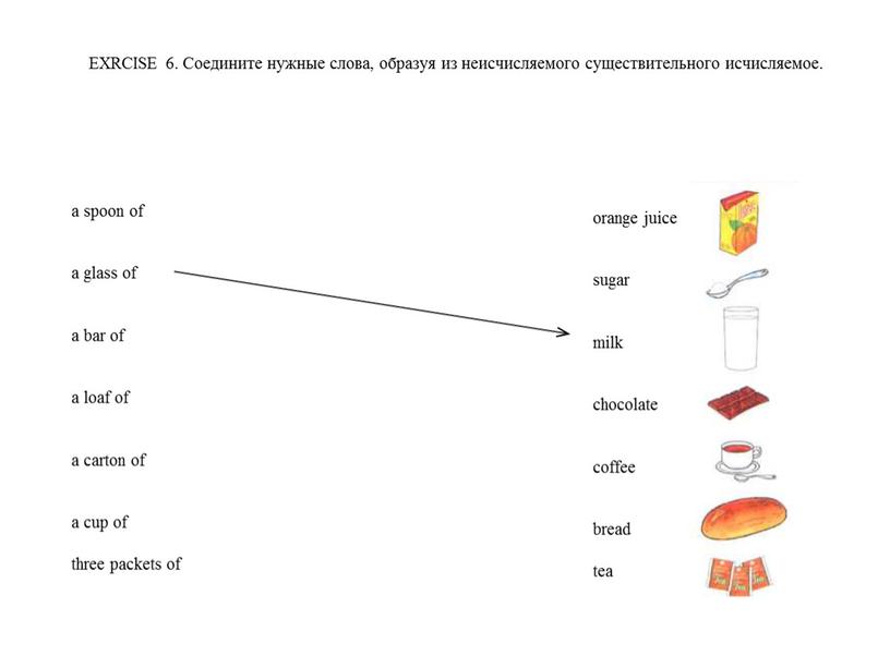 EXRCISE 6. Соедините нужные слова, образуя из неисчисляемого существительного исчисляемое