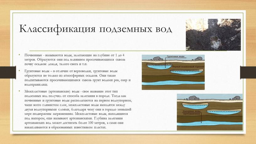 Классификация подземных вод Почвенные - называются воды, залегающие на глубине от 1 до 4 метров