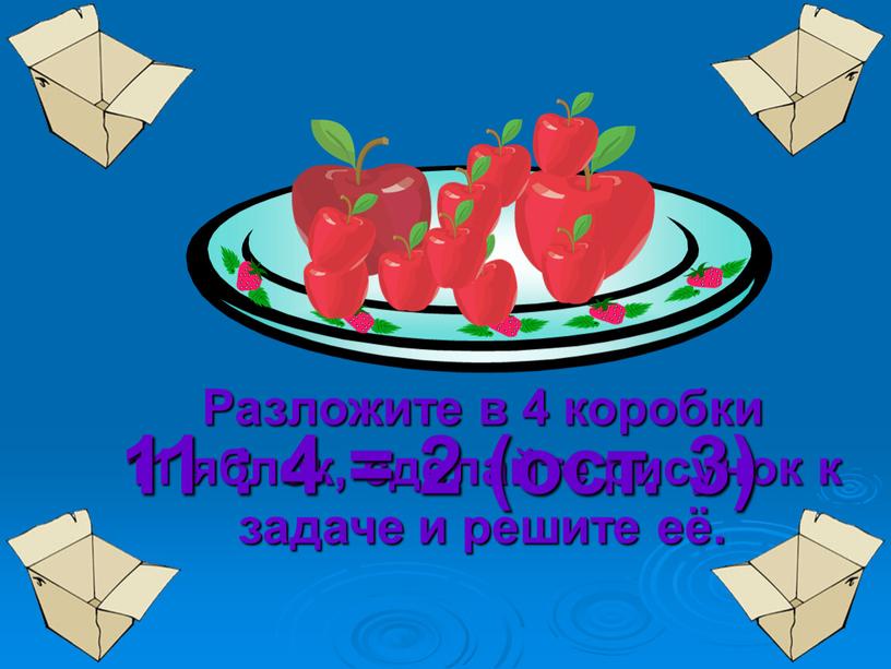 Разложите в 4 коробки 11 яблок, сделайте рисунок к задаче и решите её