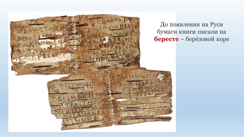 До появления на Руси бумаги книги писали на бересте – берёзовой коре