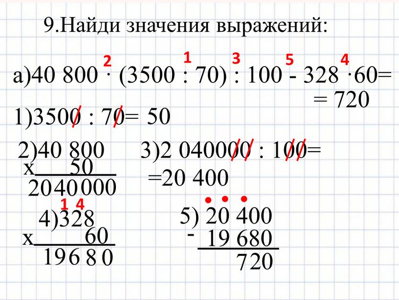 Найди значения выражений: а)40 800 · (3500 : 70) : 100 - 328 ·60= 1 2 3 4 5 1)3500 : 70= 50 40 20…