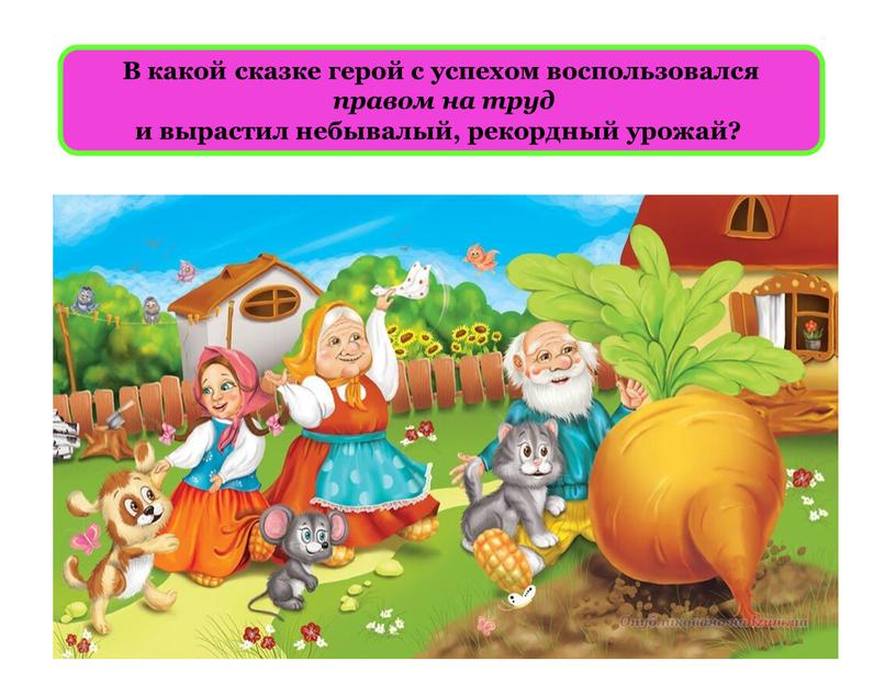 В какой сказке герой с успехом воспользовался правом на труд и вырастил небывалый, рекордный урожай?