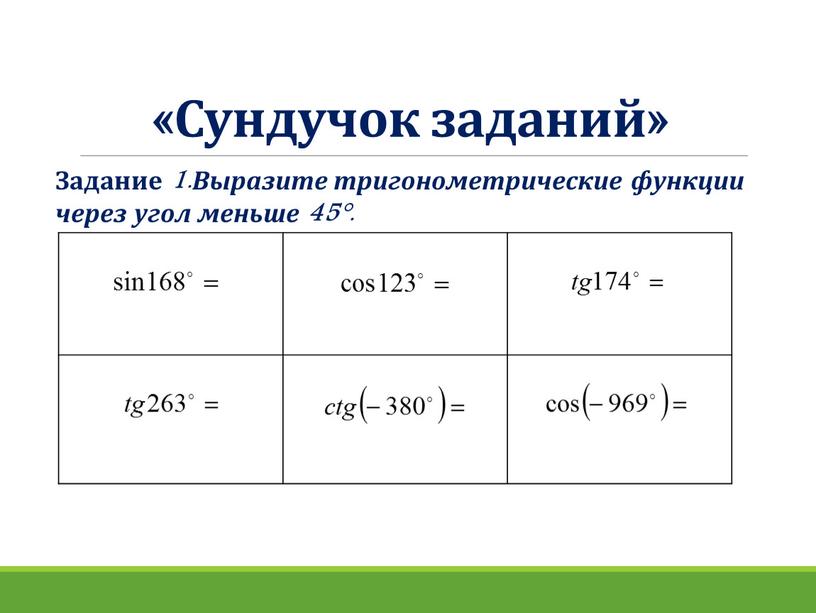 Сундучок заданий» Задание 1.Выразите тригонометрические функции через угол меньше 45°