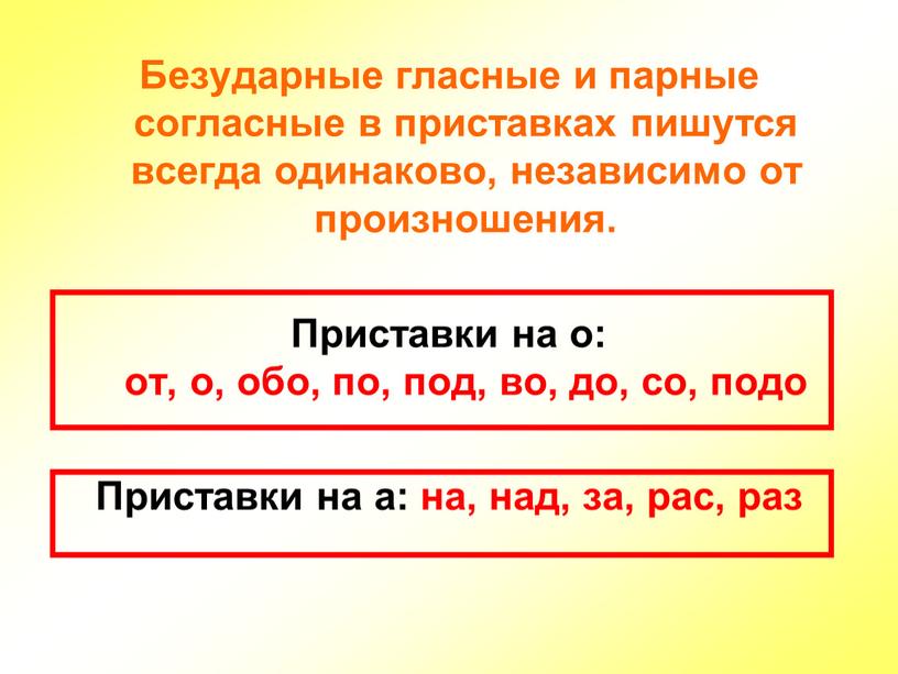 Безударные гласные и парные согласные в приставках пишутся всегда одинаково, независимо от произношения